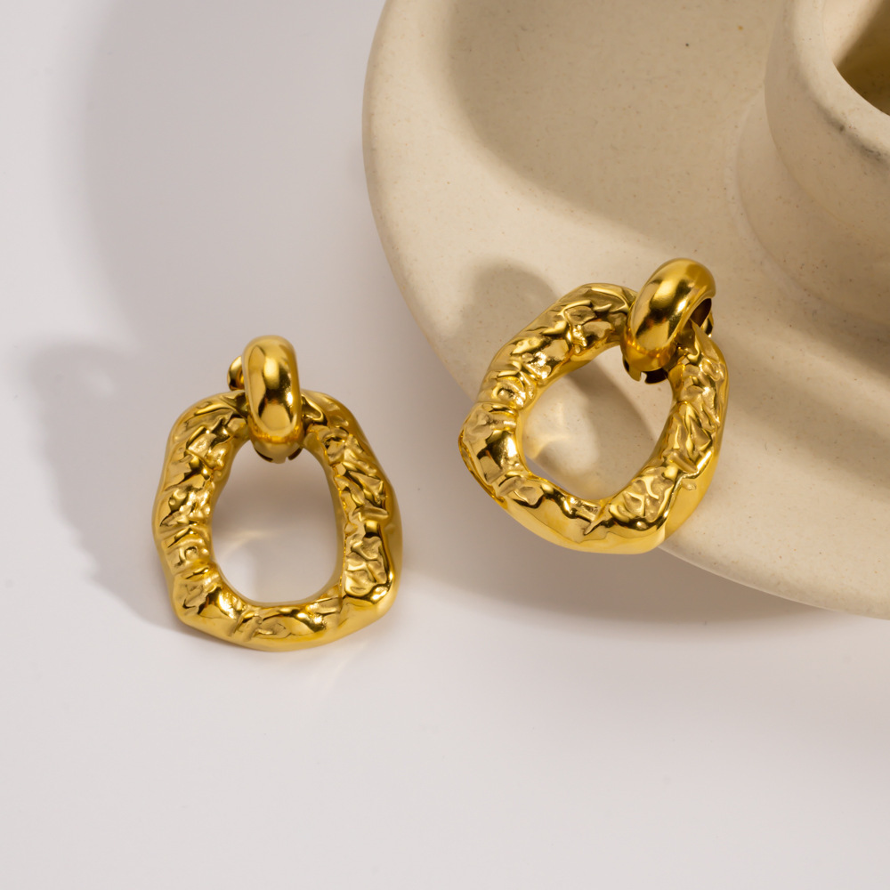 Boucles D'Oreilles Puces Pour Femme, En Acier Inoxydable Imperméable, Forme Irrégulière Décontractée, Motif Martelé (1 Pièce). Image2