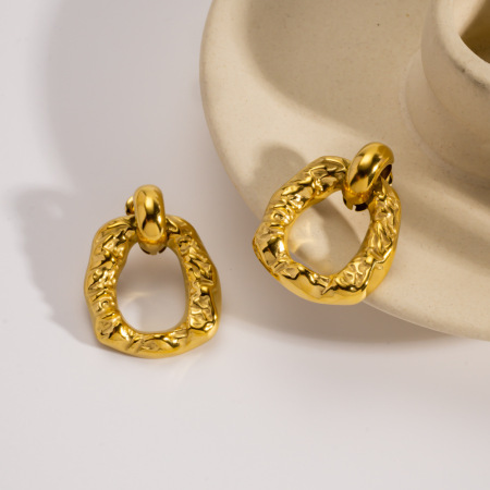 Boucles d'oreilles puces pour femme, en acier inoxydable imperméable, forme irrégulière décontractée, motif martelé (1 pièce). 2