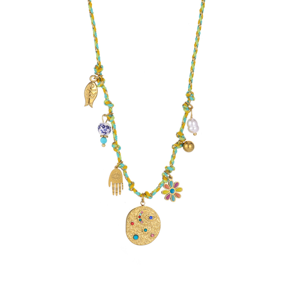 Collier Tressé Pour Femme, En Acier Inoxydable, Couleur Or, Avec Motif Floral Éclatant (1 Pièce) 
