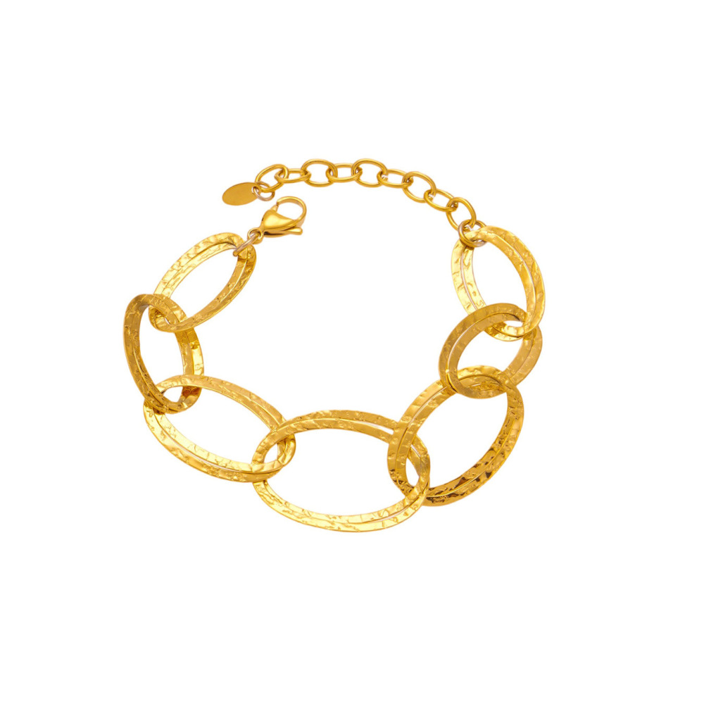 Bracelet Épais Ovale En Acier Inoxydable Doré, Imperméable, Avec Motif Martelé (1 Pièce) 