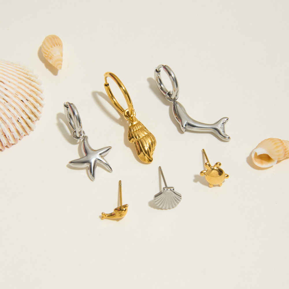 1 Paire De Boucles D'Oreilles Pour Femme En Acier Inoxydable Doré, Motif Organismes Marins Image3
