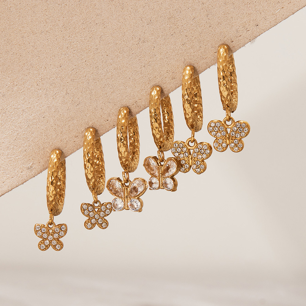 Boucles D'Oreilles Pendantes Pour Femme, Motif Papillon, En Acier Inoxydable Étanche, Couleur Or (1 Paire). Image2