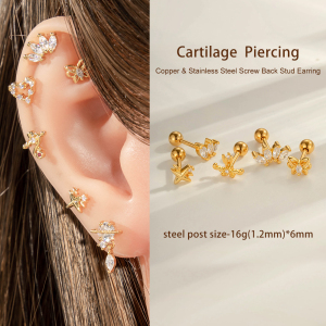 Boucle D'Oreille Piercing En Forme De Cœur Et De Papillon En Cuivre Et Zircon Couleur Or h5 Image4