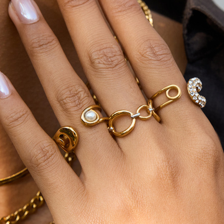 Bague tendance décontractée en acier inoxydable doré, de forme irrégulière et étanche. 2