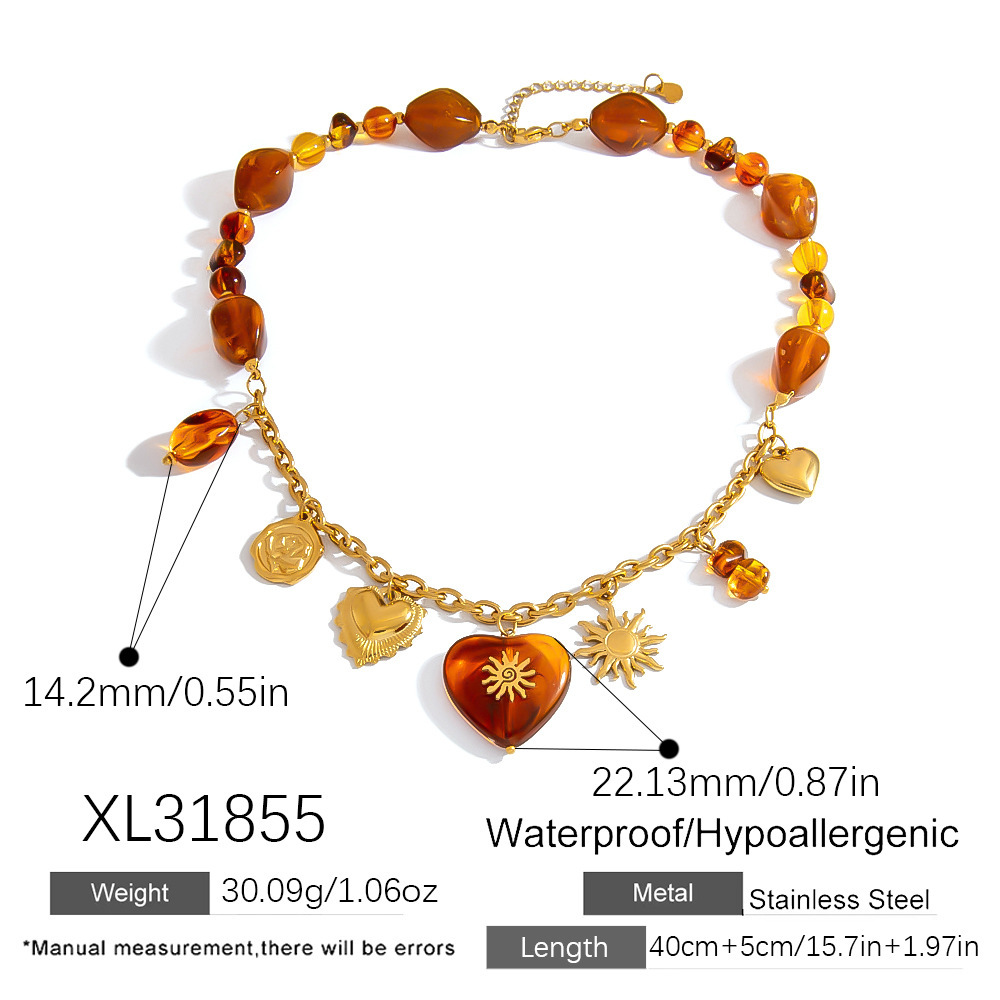 Collier Pour Femme Avec Pendentif En Forme De Cœur En Résine Couleur Ambre Image2