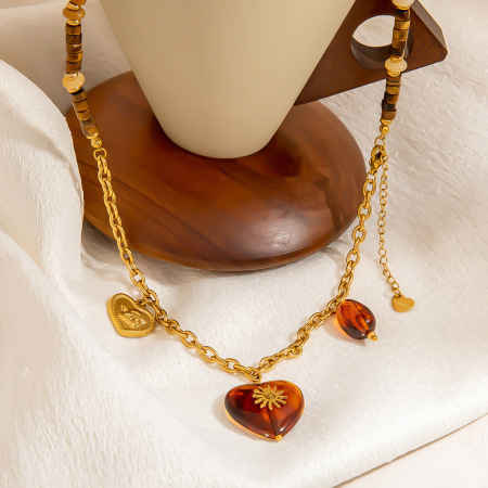 Collier de perles pour femme, motif cœur, en acier inoxydable étanche, couleur or (1 pièce) 2