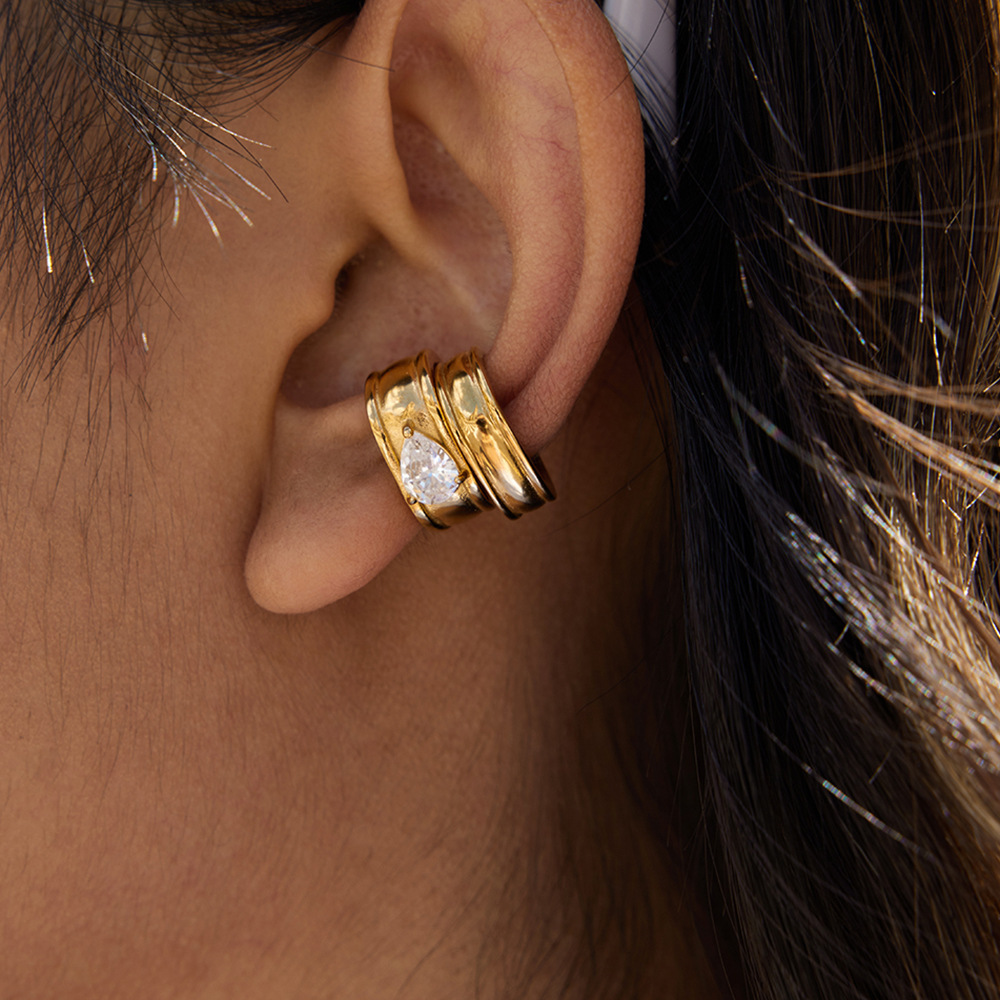 1 Paire De Manchettes D'Oreilles Minimalistes En Forme De Goutte, En Acier Inoxydable Étanche, Couleur Or, Ornées De Zircon. Image4