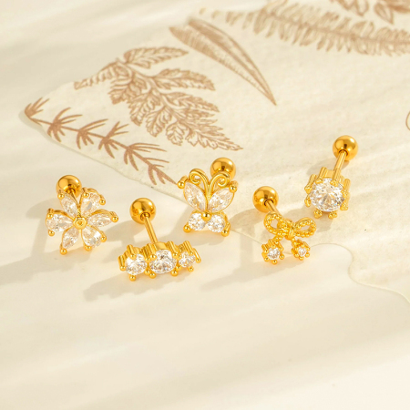Boucle d'oreille piercing en forme de fleur, nœud papillon, cuivre, couleur or, zircone