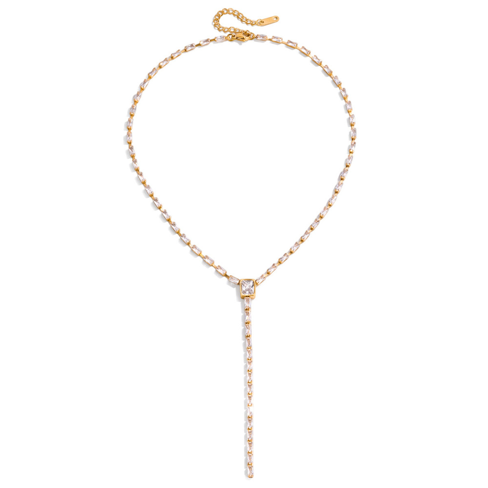 Collier Pendentif Femme En Acier Inoxydable Doré, Orné D'Un Zircon, De Forme Rectangulaire Exquise Et Étanche (1 Pièce) 
