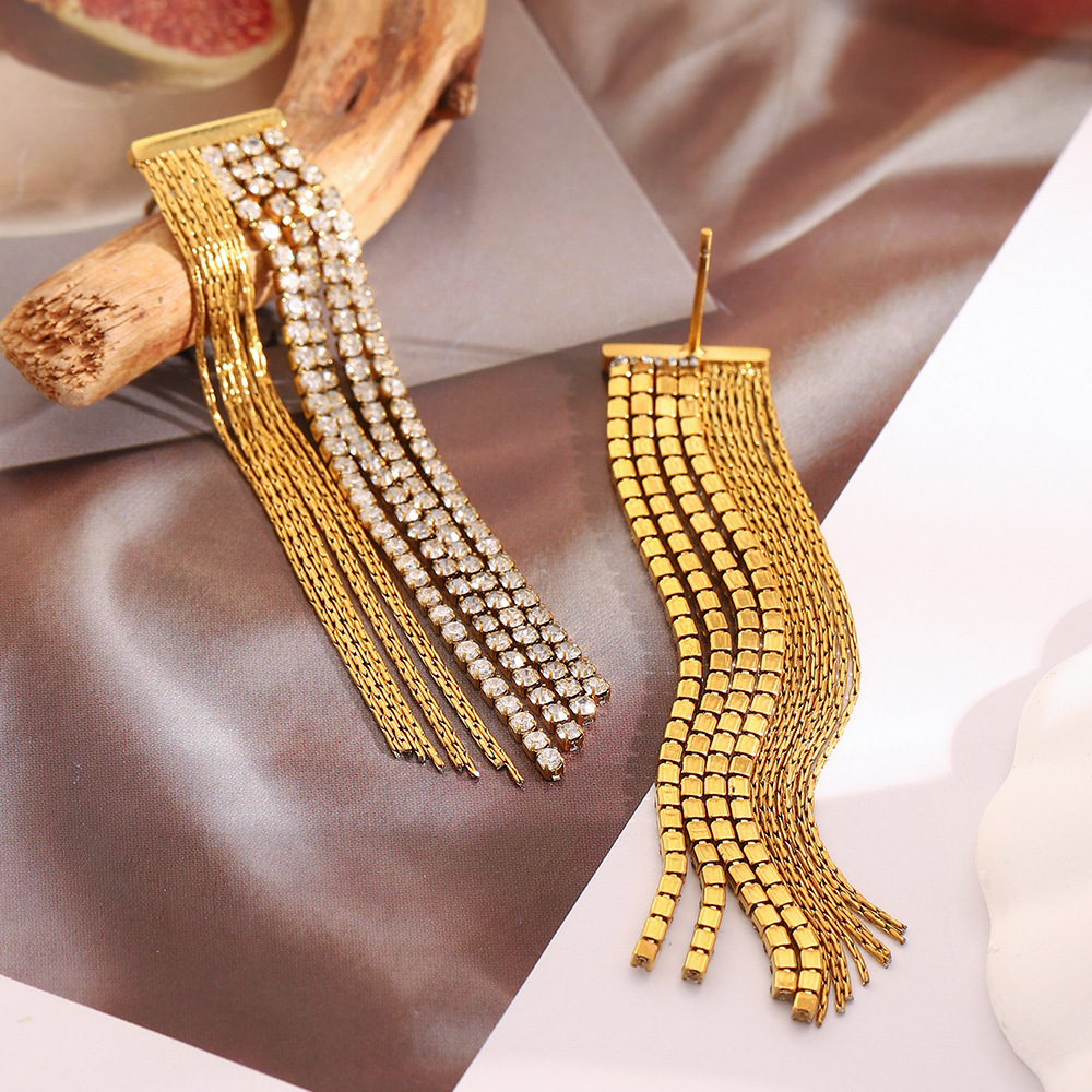 Boucles D'Oreilles De Soirée Pour Femme, 1 Paire, En Acier Inoxydable Doré Imperméable Avec Pompon Et Zircon. Image4