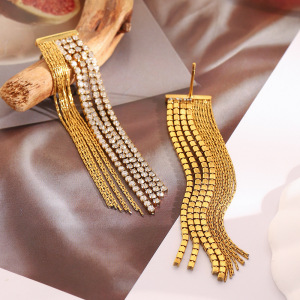 Boucles D'Oreilles De Soirée Pour Femme, 1 Paire, En Acier Inoxydable Doré Imperméable Avec Pompon Et Zircon. h5 Image4