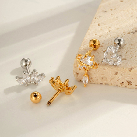 Boucle d'oreille piercing en forme de cœur et de papillon en cuivre et zircon couleur or 2