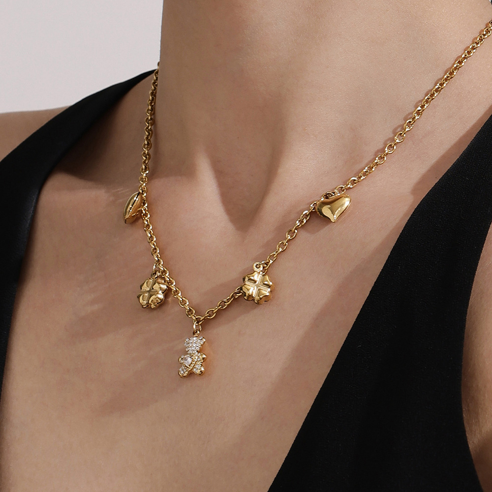 Ensembles De Bijoux Pour Femmes En Acier Inoxydable Imperméable, Couleur Or, Avec Ours Mignon Et Trèfle h5Image5