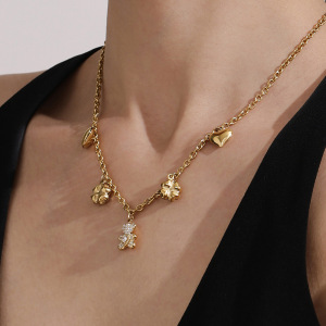 Ensembles De Bijoux Pour Femmes En Acier Inoxydable Imperméable, Couleur Or, Avec Ours Mignon Et Trèfle h5 Image5