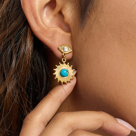1 paire de boucles d'oreilles pendantes classiques en acier inoxydable, étanches, couleur or, avec calaïte.