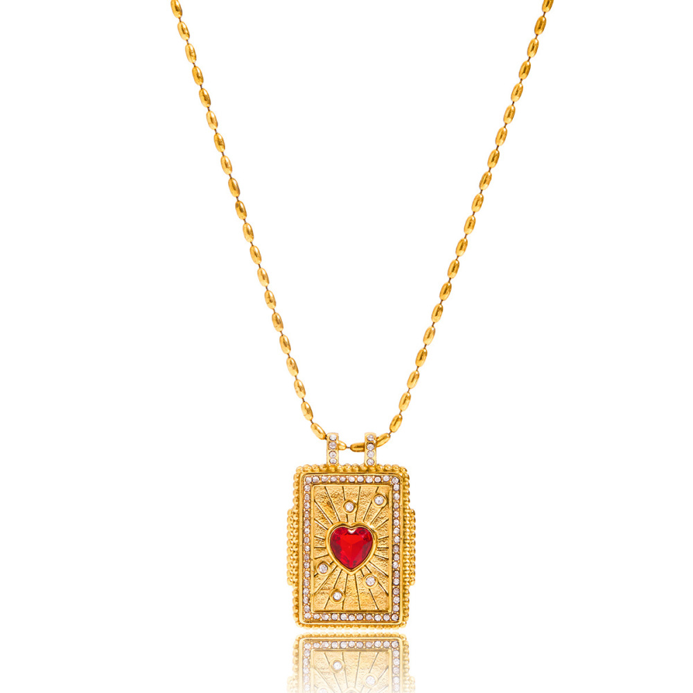 Collier Pendentif Femme Classique En Forme De Cœur, Motif Tarot, En Acier Inoxydable Étanche Couleur Or (1 Pièce) 