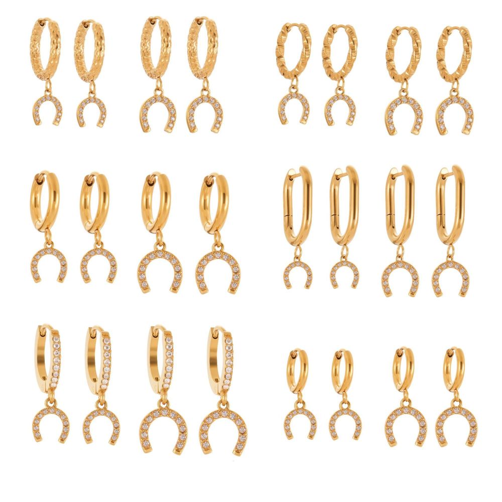 1 Paire De Boucles D'Oreilles Pendantes Luxueuses En Forme De Fer À Cheval, En Acier Inoxydable Étanche Couleur Or Et Zircon. Image8