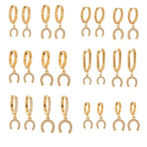 1 Paire De Boucles D'Oreilles Pendantes Luxueuses En Forme De Fer À Cheval, En Acier Inoxydable Étanche Couleur Or Et Zircon. h5 Image8