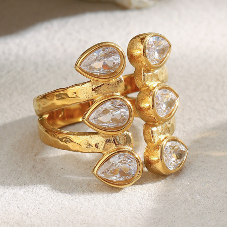 Bague élégante pour femme, en acier inoxydable double couche, étanche, couleur or, ornée d'un zircon.