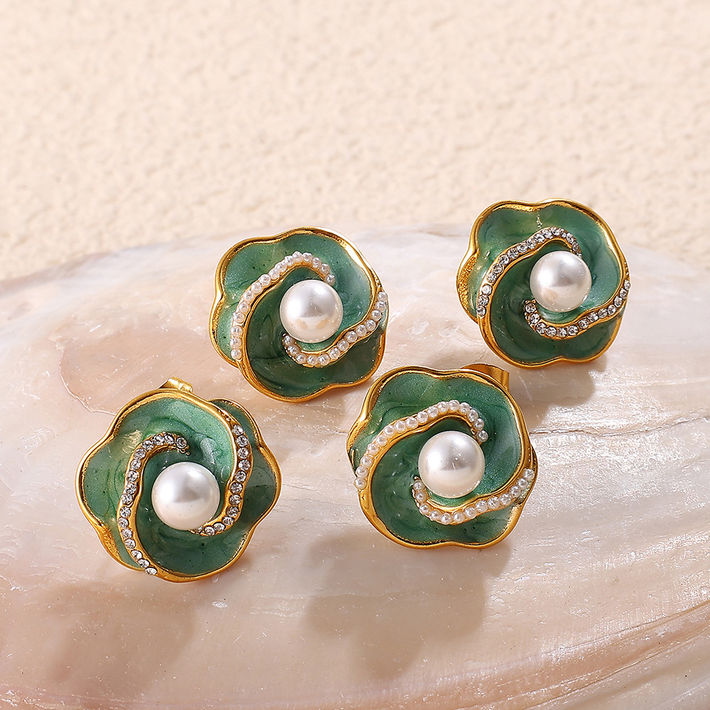 1 Paire De Boucles D'Oreilles À Clous En Acier Inoxydable Étanches, Style Rétro, Avec Motif Floral En Émail. Image3