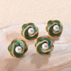 1 Paire De Boucles D'Oreilles À Clous En Acier Inoxydable Étanches, Style Rétro, Avec Motif Floral En Émail. h5 Image3