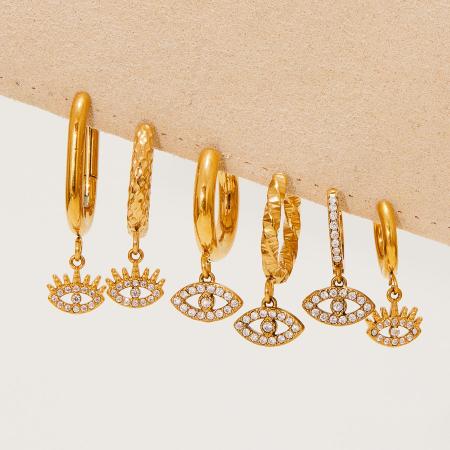 1 paire de boucles d'oreilles pendantes délicates œil de diable en acier inoxydable étanche couleur or avec zircon pour femme 2