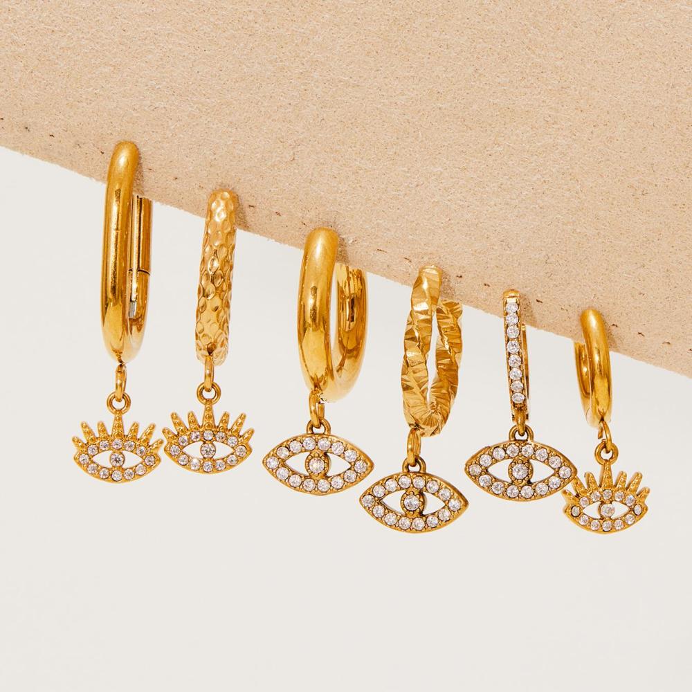 1 Paire De Boucles D'Oreilles Pendantes Délicates Œil De Diable En Acier Inoxydable Étanche Couleur Or Avec Zircon Pour Femme Image2