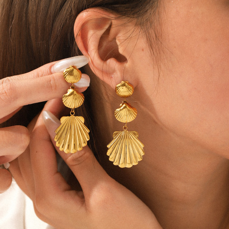 Boucles d'oreilles pendantes pour femme, collection Simple Series Daily Shell, en acier inoxydable étanche, couleur or (1 paire).