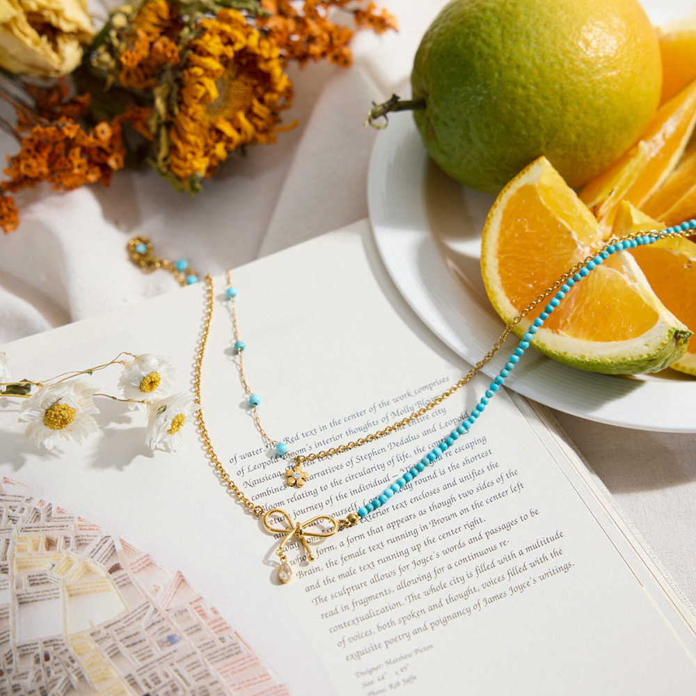 Collier À Plusieurs Rangs Pour Femme, Orné D'Un Nœud Papillon Élégant, En Acier Inoxydable Imperméable Et Couleur Or (1 Pièce) Image7