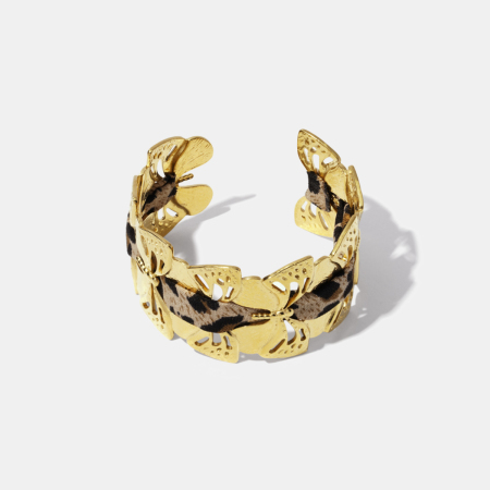 Bracelet manchette en acier inoxydable étanche couleur or avec motif léopard et papillon