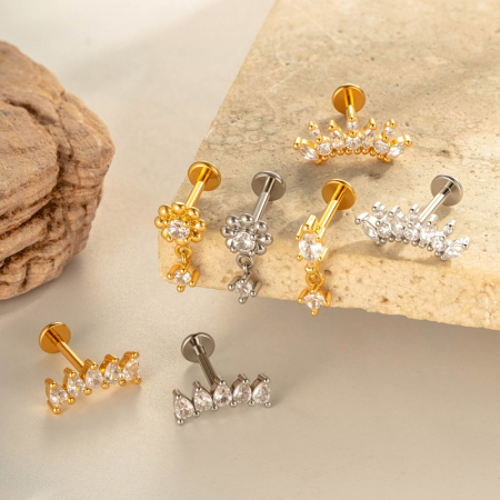 Boucle d'oreille piercing en zircon couleur or et cuivre, 1 pièce, fleur et lune