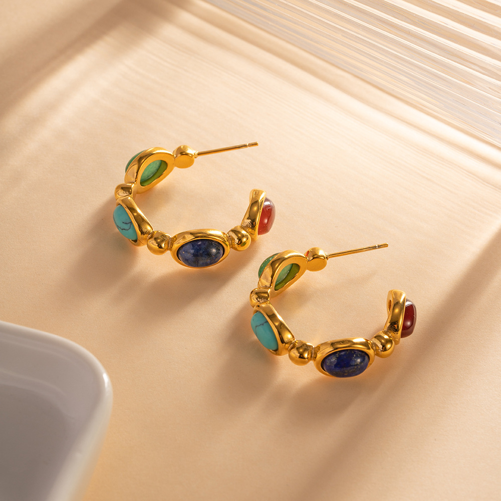 1 Paire De Boucles D'Oreilles Créoles Élégantes Pour Femme, En Acier Inoxydable Doré Et Ornées De Pierres Naturelles. Image7