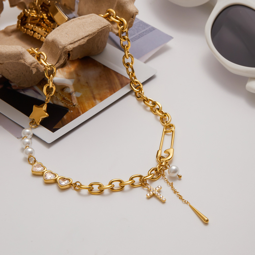 Colliers Pendentifs Croix Élégants Pour Femmes, En Acier Inoxydable Étanche, Couleur Or Image3