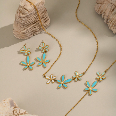 Ensemble de colliers et colliers romantiques élégants en acier inoxydable doré et or, ornés de strass, avec motif floral. 2