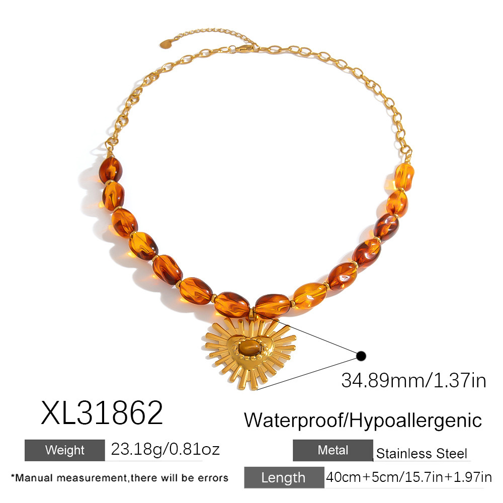 Collier Élégant En Forme De Cœur, En Acier Inoxydable, Imperméable Et Orné De Pierres Naturelles, Pour Femme (1 Pièce) Image2
