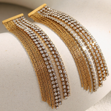 Boucles d'oreilles de soirée pour femme, 1 paire, en acier inoxydable doré imperméable avec pompon et zircon.