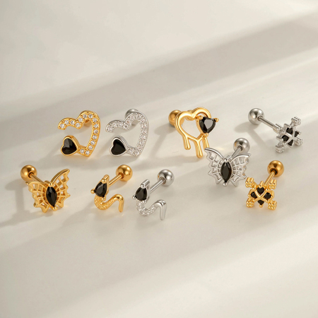 Boucle d'oreille piercing serpent papillon cuivre or zircon 1 pièce