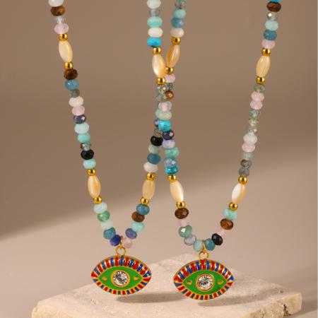 Collier de perles pour femme en acier inoxydable imperméable avec pierre naturelle et motif œil de diable (1 pièce)
