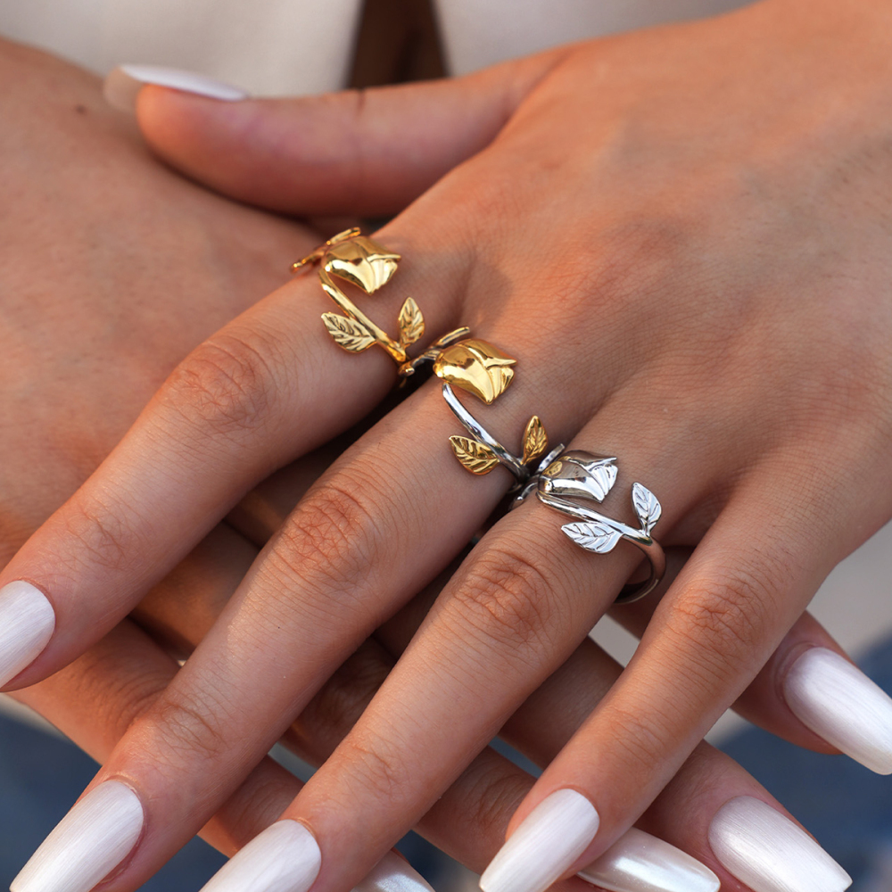 Bague Femme Rétro En Acier Inoxydable Doré, Ornée D'Une Rose Et Imperméable (1 Pièce). Image5
