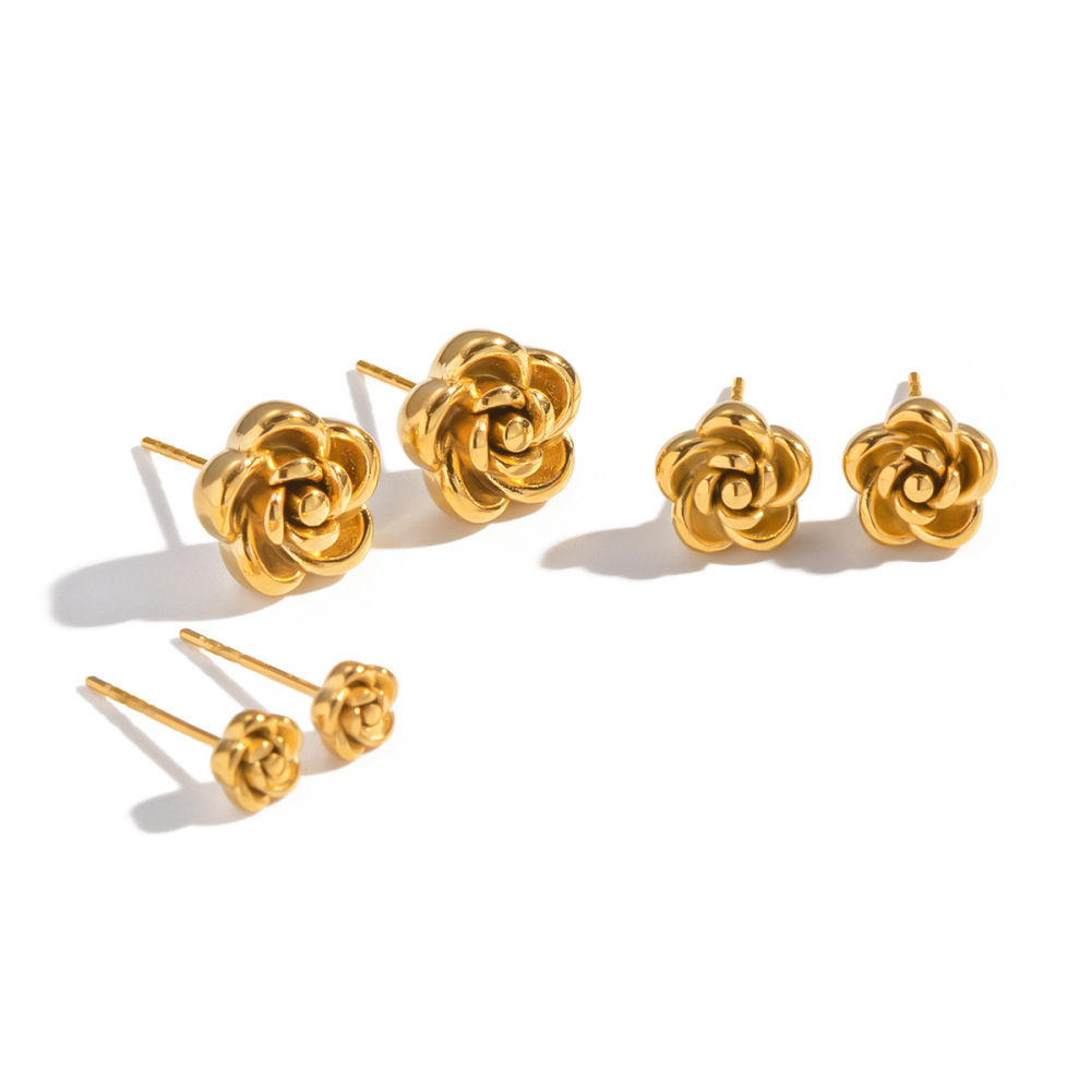 1 Paire De Boucles D'Oreilles Puces Pour Femme, En Acier Inoxydable, Couleur Or, Motif Floral, Série Simple Image5