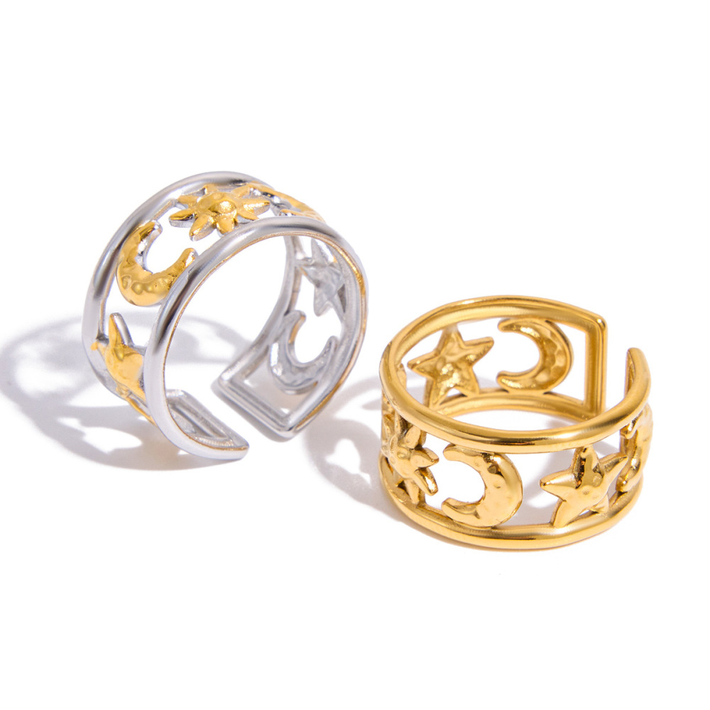 Bague Tendance Chic Sun&Moon En Acier Inoxydable Étanche Couleur Or (1 Pièce) Image7
