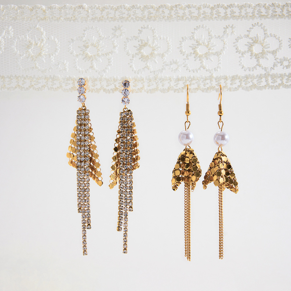 Boucles D'Oreilles Pendantes Luxueuses Pour Femme, En Acier Inoxydable Doré, Imperméables, Avec Pompon Et Zircon, Ornées De Zircon. 1 Paire Image6