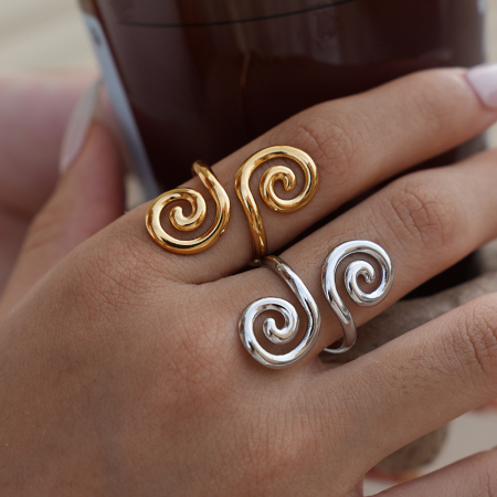 Bague femme rétro ronde en acier inoxydable étanche couleur or (1 pièce) 2