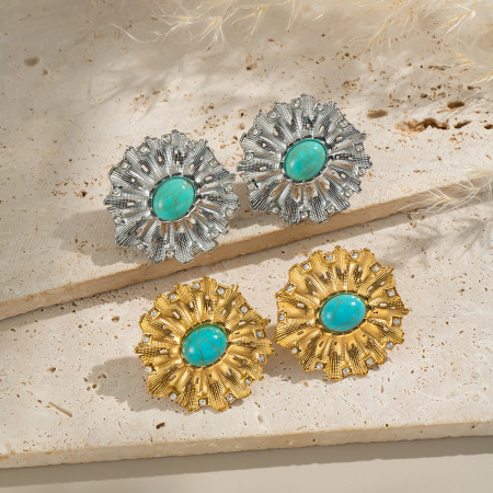 1 paire de boucles d'oreilles puces Daily Flower en calaïte, acier inoxydable, couleur or, pour femme. 2