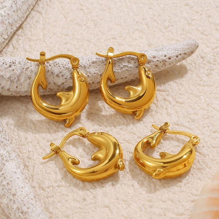 1 paire de boucles d'oreilles créoles dauphin en acier inoxydable étanche couleur or 2