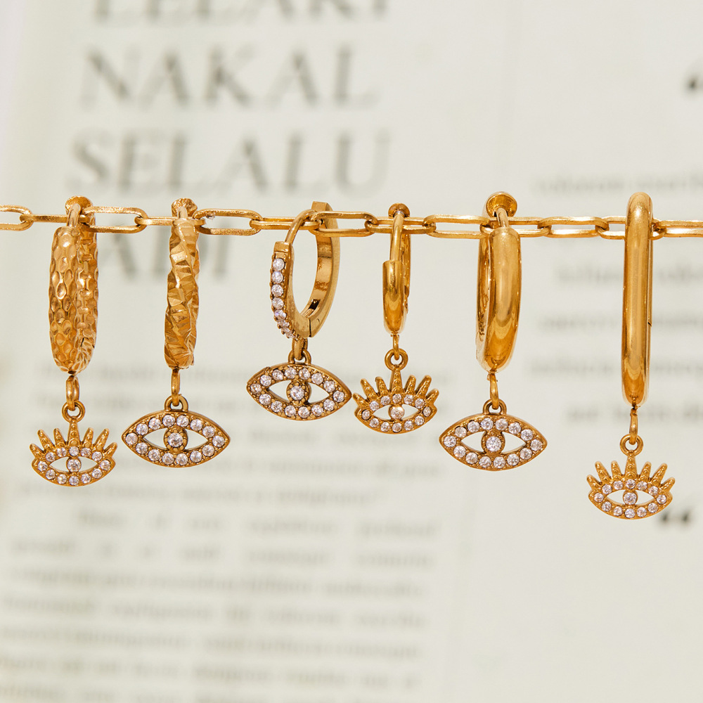 1 Paire De Boucles D'Oreilles Pendantes Délicates Œil De Diable En Acier Inoxydable Étanche Couleur Or Avec Zircon Pour Femme Image3