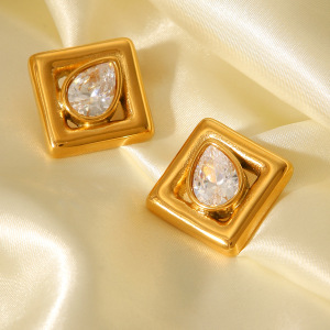 1 Paire De Boucles D'Oreilles Puces Rectangulaires Simples Pour Femme, En Acier Inoxydable Étanche Couleur Or. h5 Image5