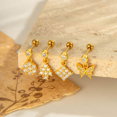 Boucle d'oreille piercing papillon en cuivre doré et zircon