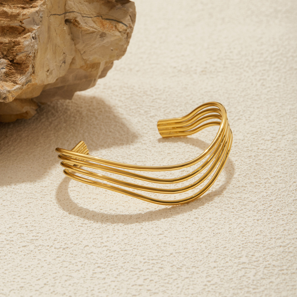 Bracelet Manchette Classique Ondulé En Acier Inoxydable, Couleur Or, Pour Femme (1 Pièce). h5Image7