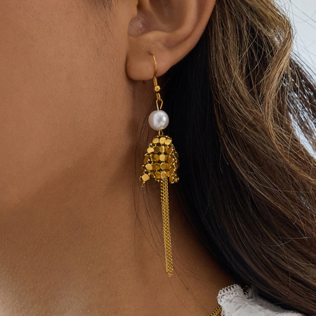 Boucles d'oreilles pendantes luxueuses pour femme, en acier inoxydable doré, imperméables, avec pompon et zircon, ornées de zircon. 1 paire 2